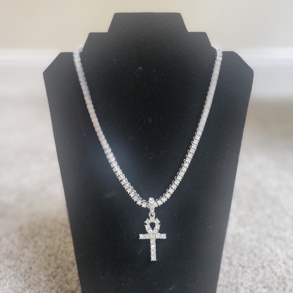 20* 14K White Gold Plated 6mm Diamond Tennis Chain with Ankh Pendant